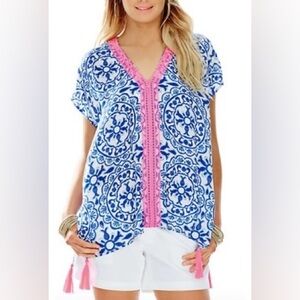 LILLY PULITZER Sydney Caftan Short Sleeve V Neck Tassel Blouse Top S/M